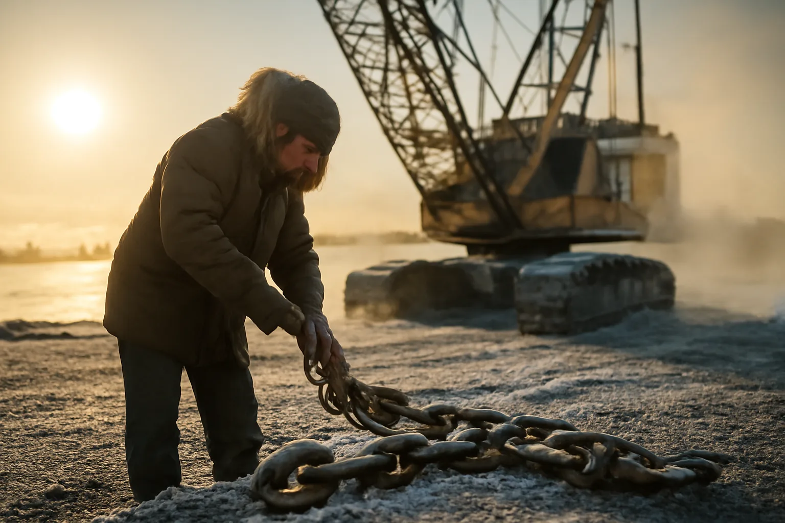 Rigger checks a chain sling beside a crane on snowy Alaska gravel