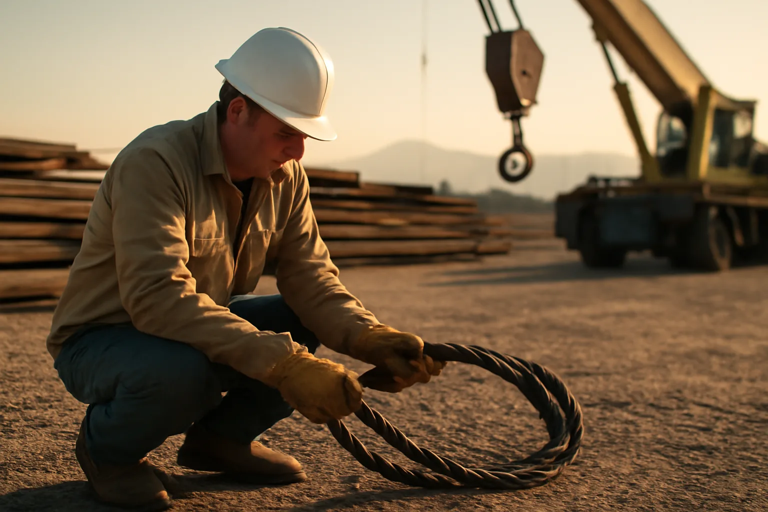 Arizona rigger inspects a wire rope sling at a Phoenix yard