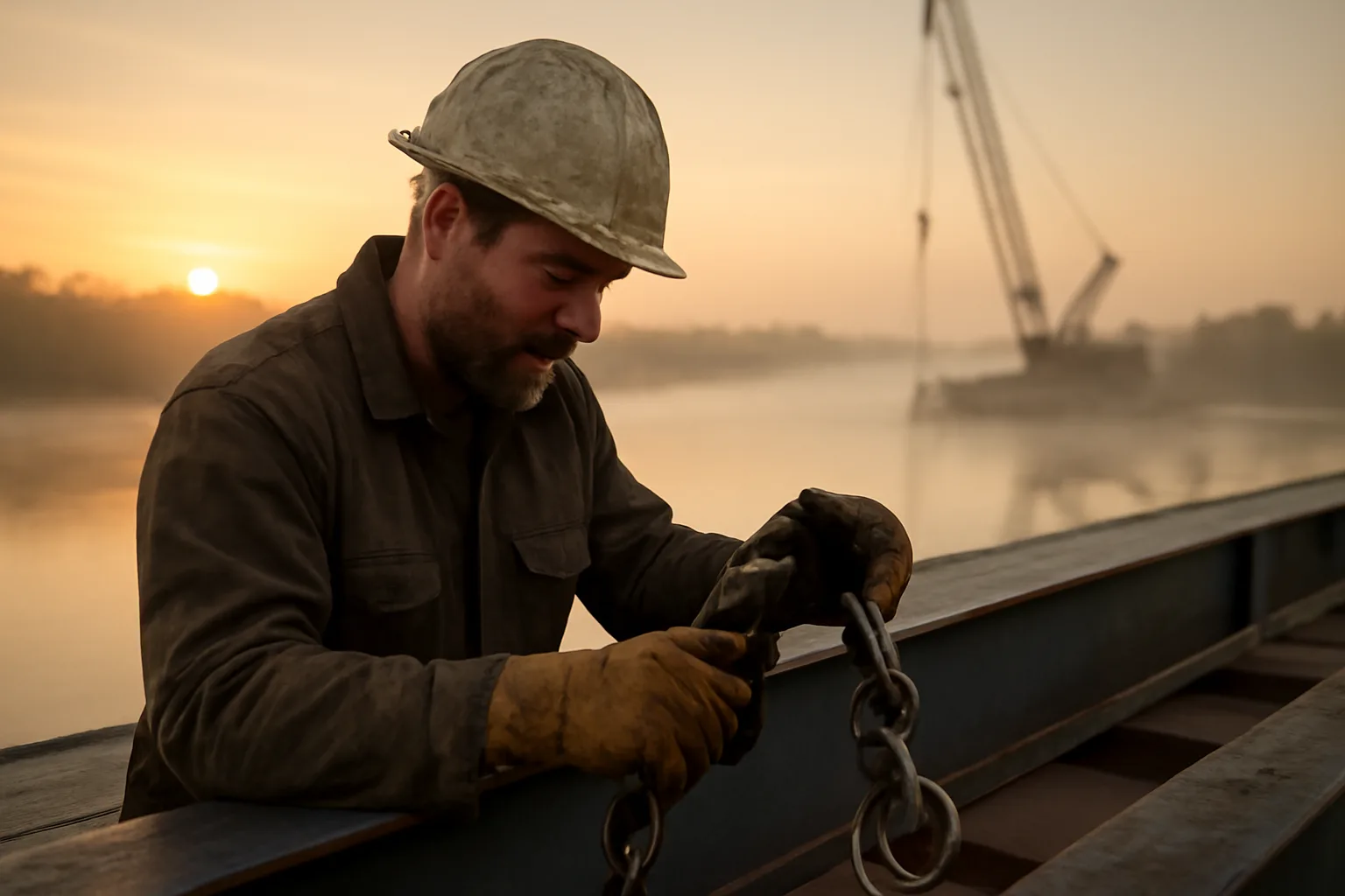 Rigger checks a chain sling on steel near Little Rock at sunrise
