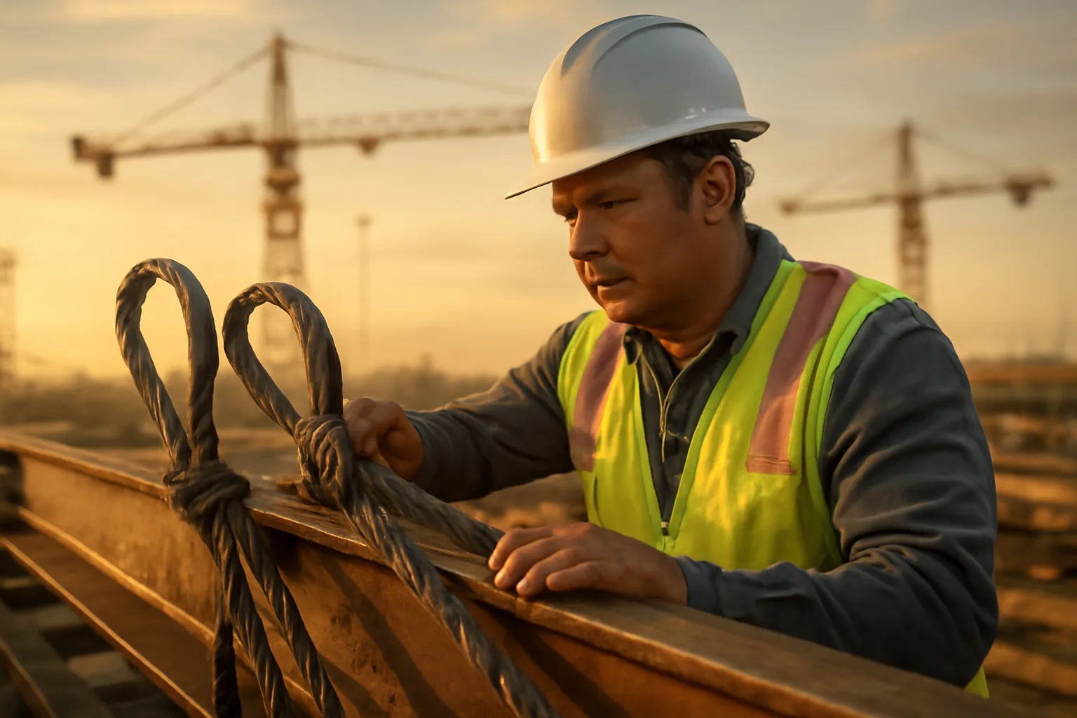 Rigger inspecting wire rope slings on a steel beam at a California construction site