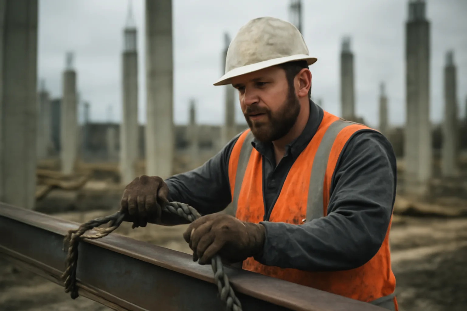 Rigger securing a wire rope sling to a steel beam on a Connecticut construction site