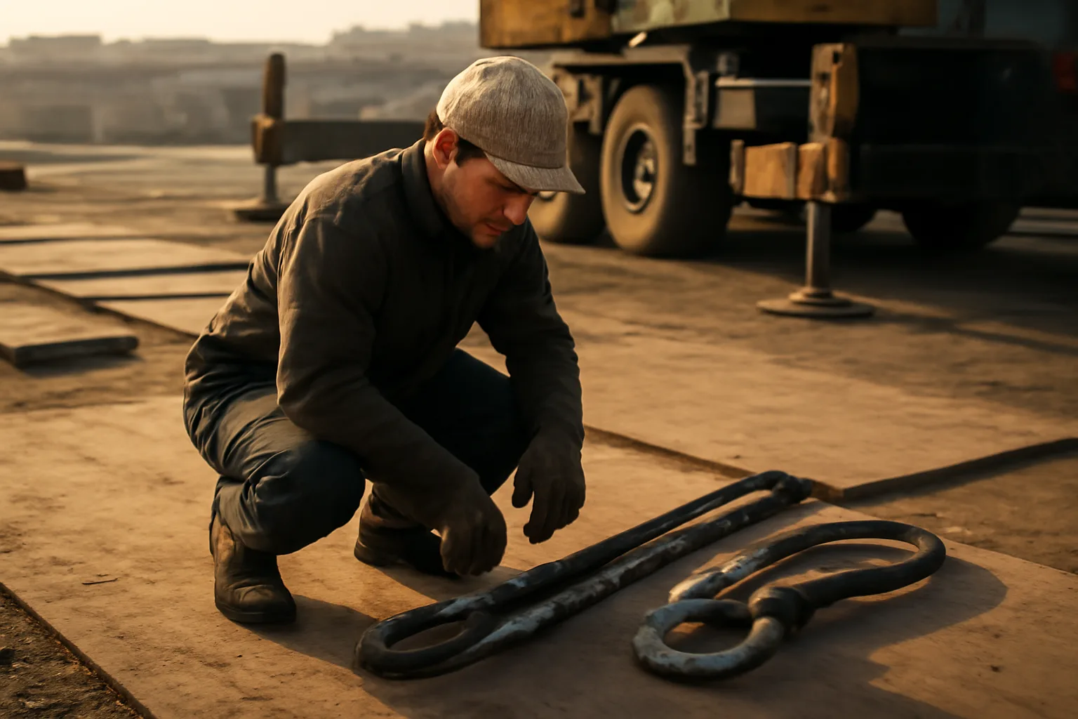 Rigger checks slings and a shackle near crane outriggers at dawn