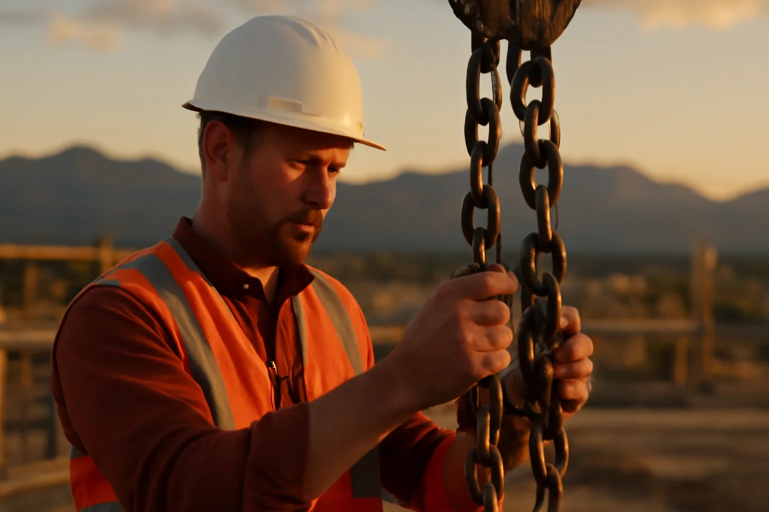 Rigger inspecting lift chains on a Colorado construction site at golden hour